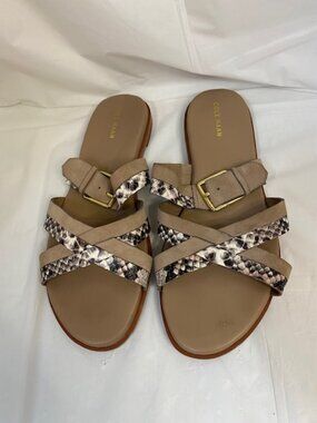 Cole Haan Python-Print Fairen Leather Strappy Buckle Slide Flat Sandals Size 8M